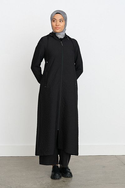 Nihan Thin Quilted Ribbed Overcoat Black