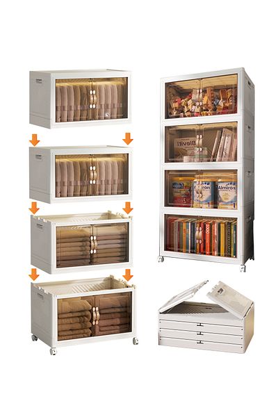 Old_Feller 4-Layer Foldable Storage Box with/Wheels, Doors & Lid - Stackable, Magnetic Closet Organizer