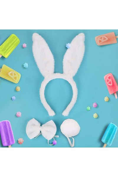 Skygo Rabbit Costume Set Crown Bow Tie Tail White Color