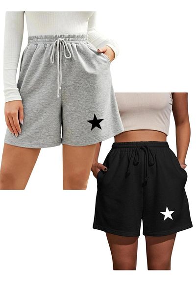 NO 601 Women's 2-Piece Classic Star Printed Combed Cotton Shorts Grey-Black