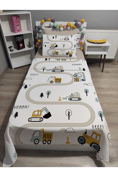 yok yok evim eve dair her şey 4 Piece Scoop Workmen Single Pique Bedspread Set with Patterned Elastic Sheets