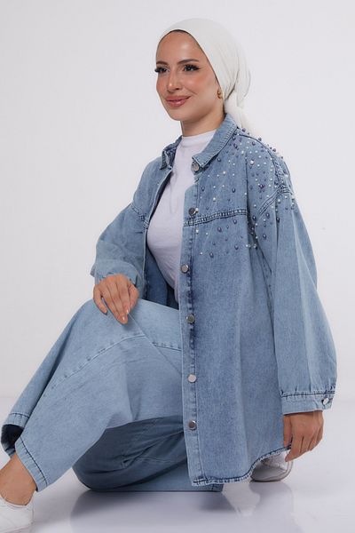TOFİSA Pearl Detailed Denim Double Suit Ice Blue - 25362