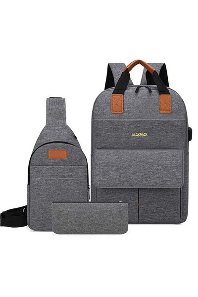 PUFO Rucsac practic Pufo cu port de încărcare USB, husă și penar incluse, 40 x 30 cm, gri