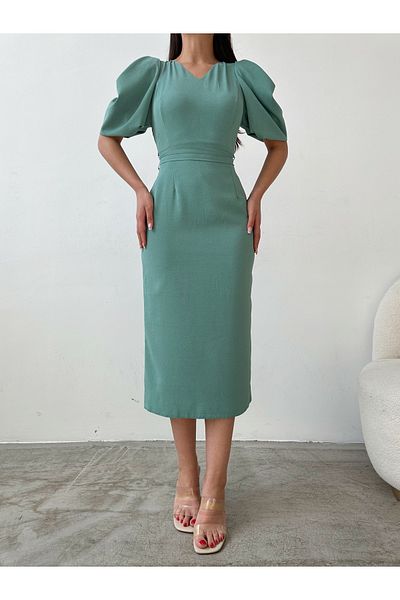 Swan Woman Κοντομάνικο Λεπτομερές Φόρεμα με Ζώνη