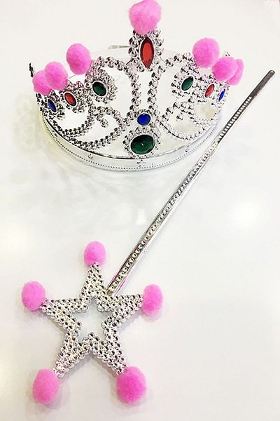 Skygo Silver Color Princess Crown with Pink Pompom and Silver Princess Scepter