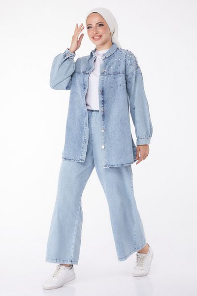 TOFİSA Pearl Detailed Denim Double Suit Ice Blue - 25362