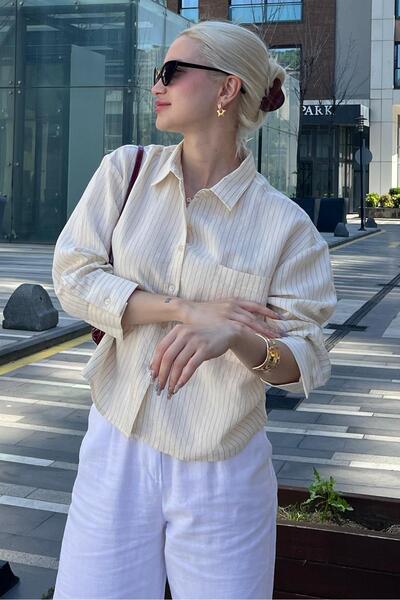 Madmext Ekru Çizgili Oversize Kadın Gömlek MG2093