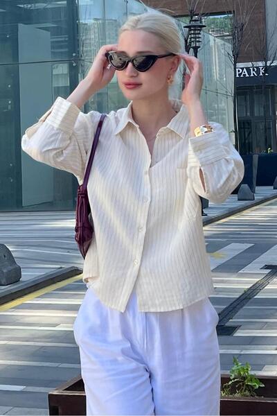 Madmext Ekru Çizgili Oversize Kadın Gömlek MG2093
