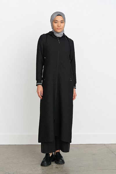 Nihan Thin Quilted Ribbed Overcoat Black