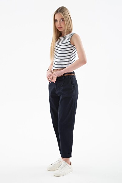 Fashion Friends Stretch Belted Trousers Navy Blue
