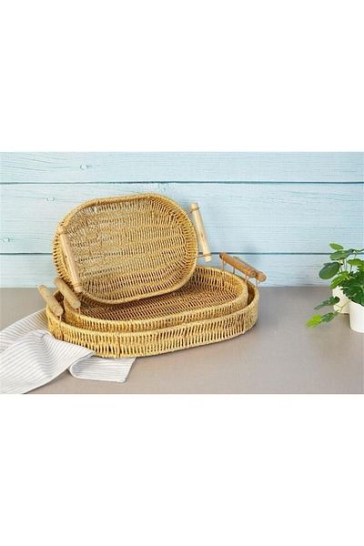 Bayev 3-Piece Wicker Wooden Handle Oval Tray Presentation Tray Tea Tray 700660