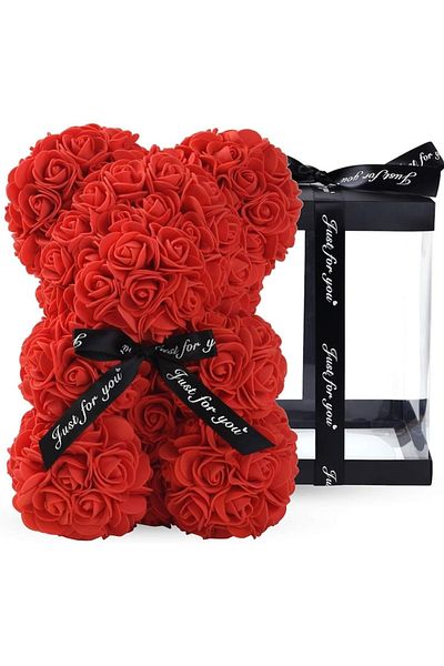 NEXTLY Ursulet Din Trandafiri Din Spuma , Decorat Manual, 25cm, Cutie Transparenta Inclusa, Rosu