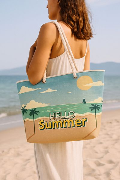 PRENDİ HOME Hello Summer Geantă mare pentru picnic și plajă – Mâner cu frânghie – 55x36x15 cm