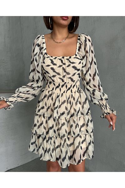 BEJNA Cremefarbenes, gemustertes Gipelli-Rock-Chiffonkleid für Damen mit mehrlagigem Futter