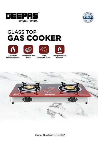 Geepas Double Burner Glass Top Gas Stove Stainless Steel Frame and Tray Auto Piezo Ignition GK5602 Red