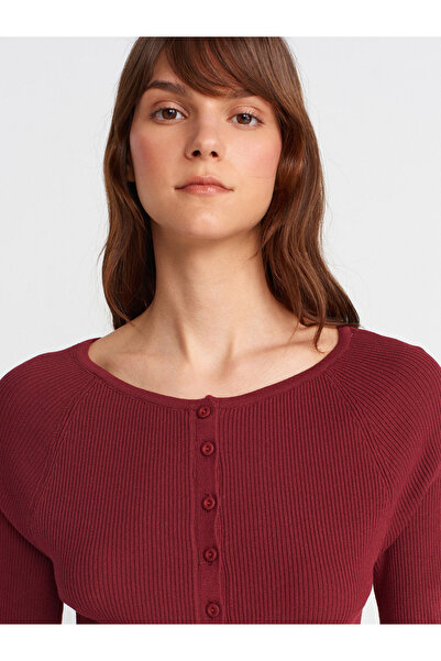 Dilvin 60970 Light Crew Neck Ribbed Button Slim Knitwear Cardigan-Burgundy