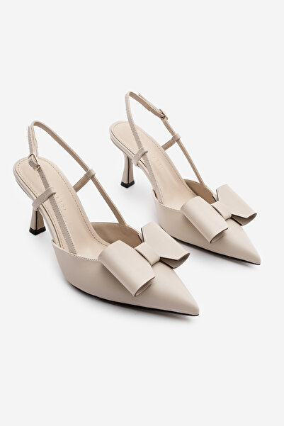 Marjin Dámské jehlové boty Ecru Color – otevřené zadní boty na podpatku se špičatou špičkou a detailem mašle