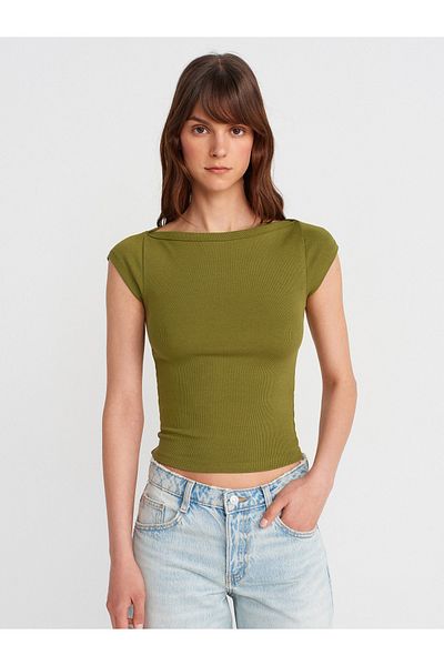 Dilvin 31809 Boat Neck Ribbed T-Shirt-Oil Green