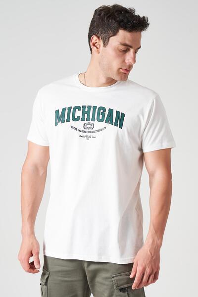 TENA Ανδρικό μπλουζάκι με στάμπα MICHIGAN με λαιμόκοψη εκρού