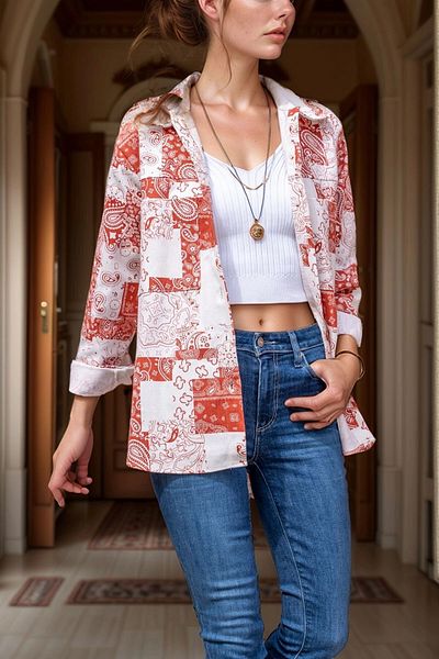 bacc Women's Red Self-Patterned Gabardine Buttoned Double Pocket Jacket Shirt Bcbsk-25700-3551