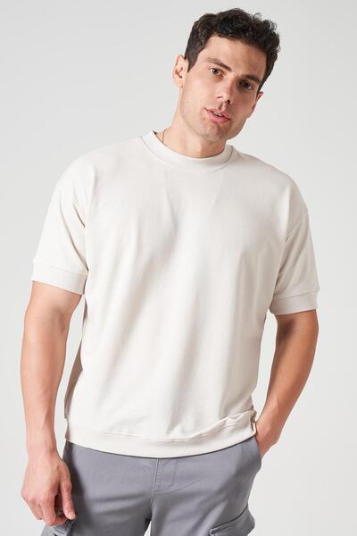 TENA Ανδρικό μπλουζάκι με μανίκια και στρίφωμα με ραβδώσεις σε μπεζ λαιμόκοψη