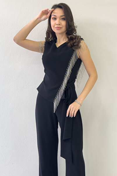 zks grup tekstil Women's Black Side Tie-Up Zero Sleeve Stone Detail Evening Dress Jumpsuit