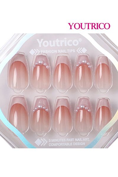 Youtrico 30 Semi-Handmade Press-on nails,French style, small pearls, gradient pink