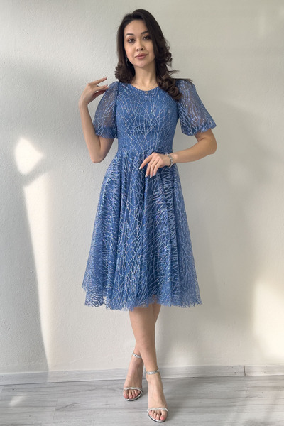 the ZKS Kadın Balon Kol Simli Kloş Midi Boy Abiye Elbise Su Yeşili, Siyah, Be...