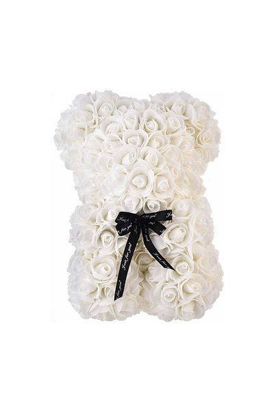 NEXTLY Ursulet Din Trandafiri Din Spuma , Decorat Manual, 25cm, Cutie Transparenta Inclusa, Alb