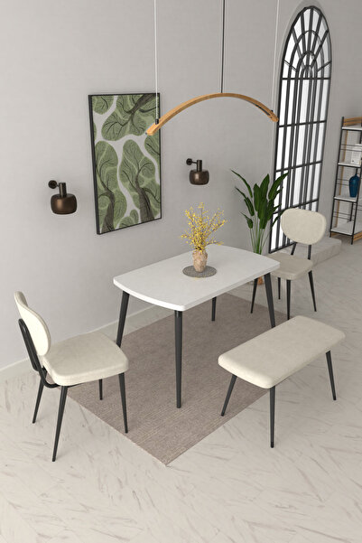 VİLİNZE Deniz Sandalye Dino Bank Argos Ahşap MDF Sabit Mutfak Masası Takımı - 70x120 cm