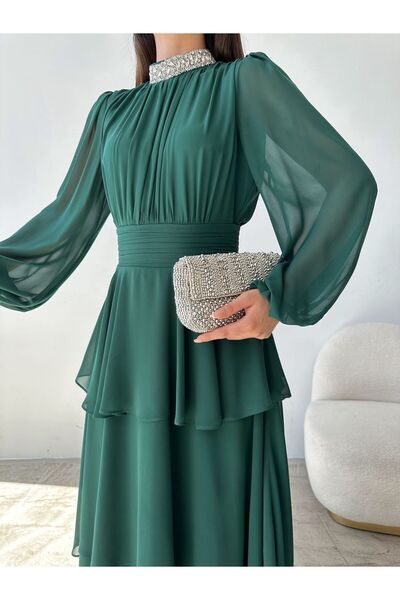 Swan Woman Taşlı fırfır Detay Abiye