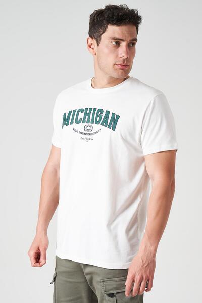 TENA Ανδρικό μπλουζάκι με στάμπα MICHIGAN με λαιμόκοψη εκρού