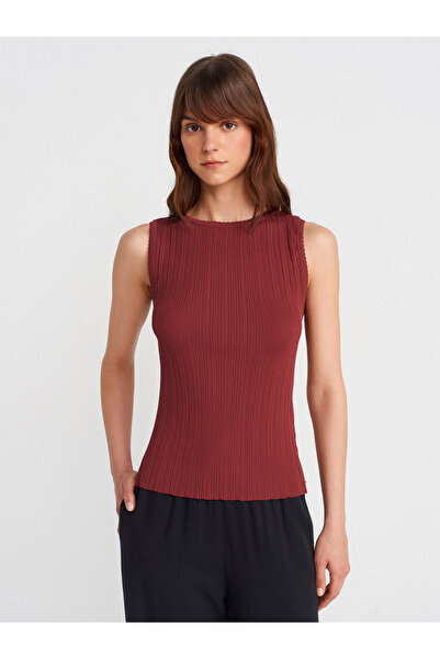 Dilvin 10753 Λεπτή πλεκτή μπλούζα με λαιμόκοψη-μπορντό
