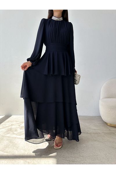 Swan Woman Stoned Ruffle Detail Evening Dress