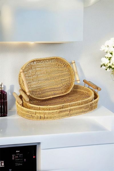 Bayev 3-Piece Wicker Wooden Handle Oval Tray Presentation Tray Tea Tray 700660