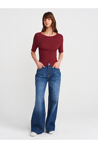 Dilvin 60970 Light Crew Neck Ribbed Button Slim Knitwear Cardigan-Burgundy