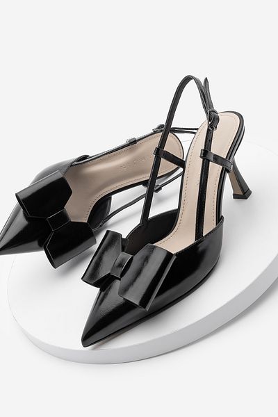 Marjin Schwarze Stiletto-Schuhe mit spitzer Zehenpartie und Schleifendetail und offenem Rücken