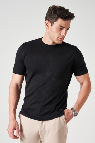 TENA Ανδρικό μπλουζάκι με μαύρη λαιμόκοψη με σχισμή πλεκτό