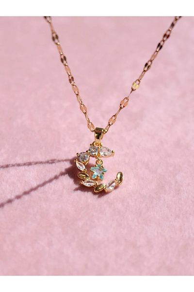 Reorah Collection Moon and Blue Star Steel Necklace-Blue Star Moon Necklace Steel