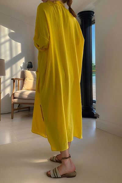 bacc Rochie de damă, galbenă, de muselină, cu jumătate de plăcuță, cu buzunare, cu fantă, cu croiala liberă Bcbsk-25700-3620