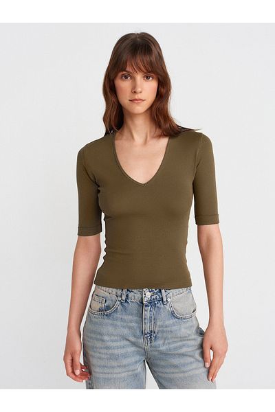 Dilvin 31843 V-Neck T-Shirt-Khaki