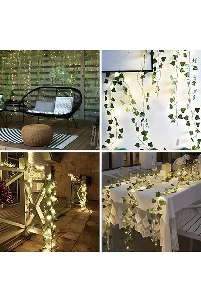 Gardlov Set 12 ghirlande artificiale cu becuri LED, Poliester, 60 frunze, 4x4cm, 2.1 m, Verde