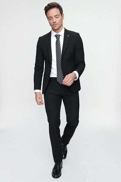Morven Férfi fekete Basic Sima Slim Fit Slim Fit 6 csepp öltöny