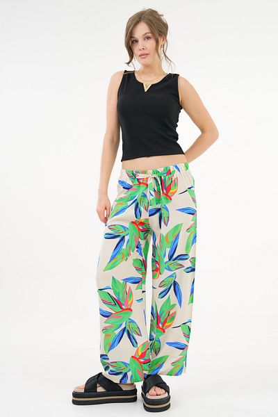 Saade Cream Patterned Elastic Waist Binding Detailed Woven Viscose Palazzo