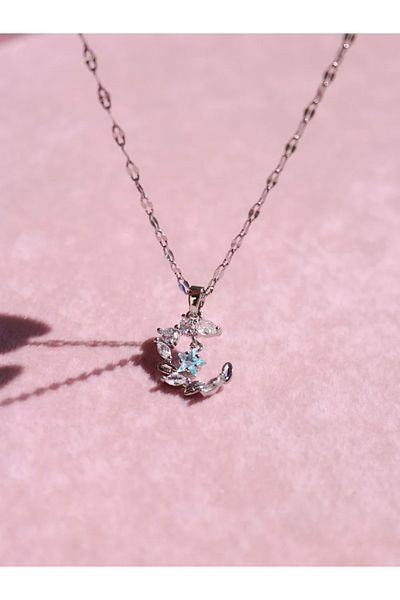 Reorah Collection Moon and Blue Star Steel Necklace-Blue Star Moon Necklace Steel