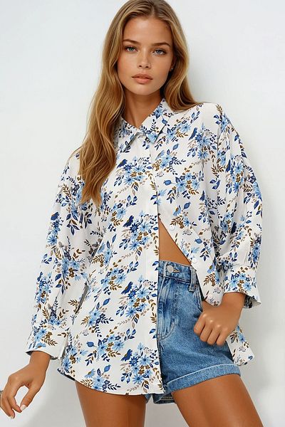 VAGGON Cămașă țesătă Viscon, cu mâneci cu balon, albastru, floral, cu modele Prm0722
