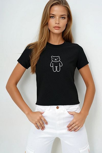 VAGGON Women's Black Crew Neck Teddy Bear Embroidered Ottoban Crop T-Shirt Prmx13917