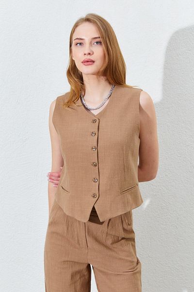 TENA Women's Brown Back Rubber Detailed Pocket Ribbed Linen Vest