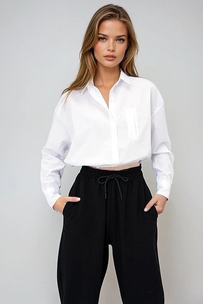 VAGGON Women's White Wide Cuff Elastic Waist Crop Poplin Shirt Prmx13963