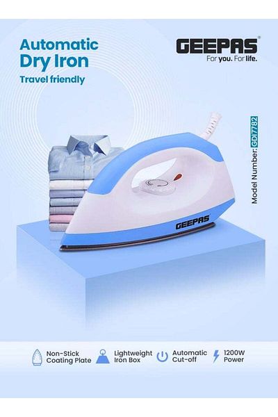 Geepas Dry Iron - Non-Stick Coating Plate & Adjustable Thermostat Control/Indicator Light with ABS Material